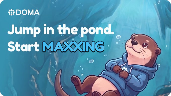 A promotional graphic for DOMA featuring a cartoon otter in a blue hoodie underwater with bubbles, accompanied by the text "Jump in the pond. Start MAXXING."
