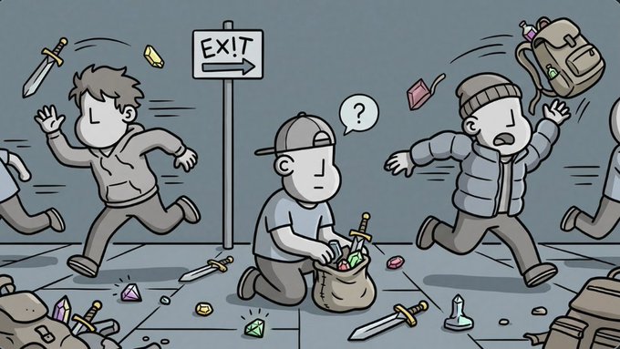 A panicked crowd flees past an "EXIT" sign, dropping swords, gems, and other valuables, while a clueless NPC in a cap stands confused in the middle, happily scooping up the abandoned items into a sack. The cartoon humorously illustrates the post's sarcasm about players dumping "useless" items during a panic, only for the NPC to quietly collect them all.