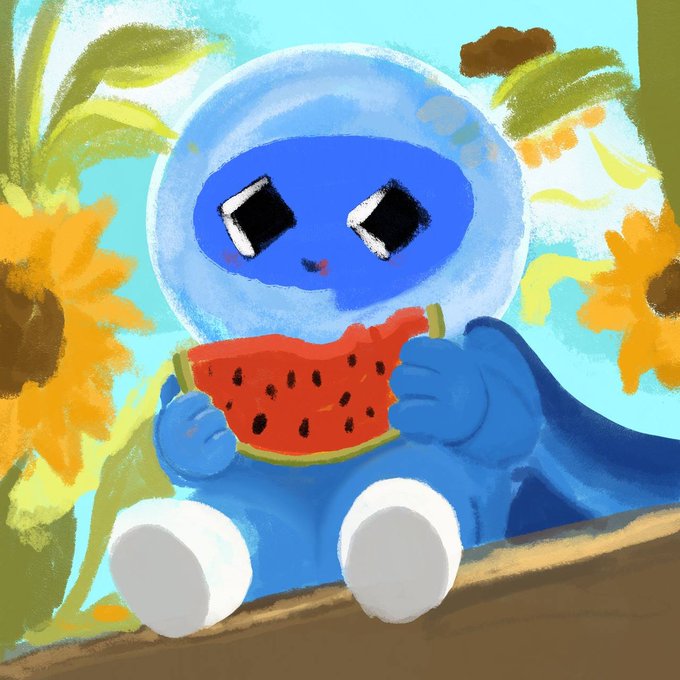 Digital illustration of a blue, round character with diamond-shaped eyes happily eating a slice of watermelon, surrounded by sunflowers.