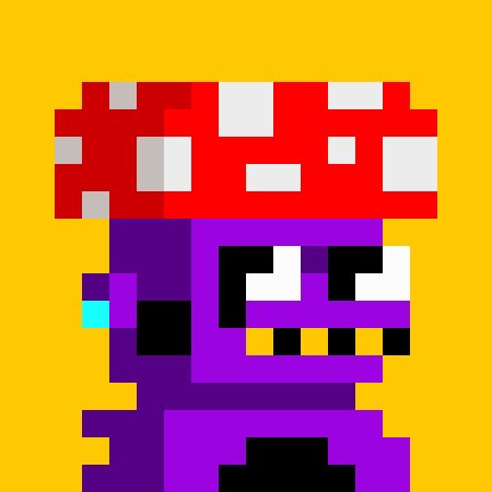 A pixel art image of a purple character wearing a red and white mushroom cap, set against a yellow background.