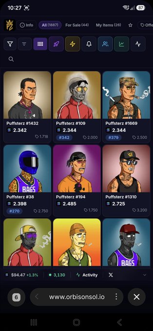 A mobile app screen displaying a collection of 'Puffsterz' NFTs with various character designs, priced in ETH.