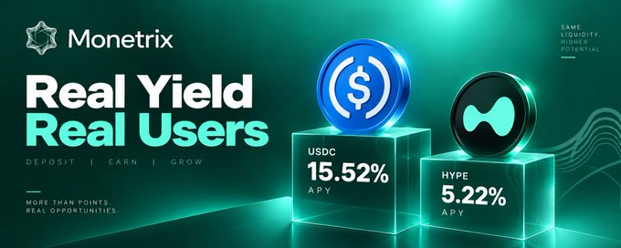 A Monetrix advertisement promoting 'Real Yield, Real Users' with USDC at 15.52% APY and HYPE at 5.22% APY, including the tagline 'More than points, real opportunities.'