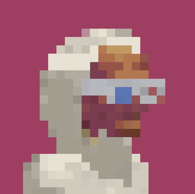A highly pixelated, abstract digital portrait features blocky shapes in shades of gray, brown, white, and blue against a magenta background.