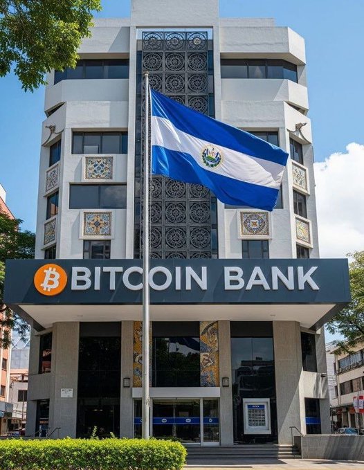 The image shows a large building with a flag flying from its top, which has "BITCOIN BANK" written on it. This suggests that the building might be related to Bitcoin or cryptocurrency services. The text in the image reads "IT'S HAPPENING. El Salvador is officially opening the world's first 𝐌𝐨𝐞𝐬𝐚𝐥𝐦𝐧𝐢𝐨𝐯𝐡. The era of traditional banking is over. The digital gold rush is just beginning." This implies that Bitcoin and cryptocurrency services are gaining popularity in El Salvador, marking a significant shift towards digital currency usage.