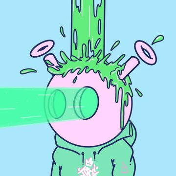 urn of green liquid with white spots, accompanied by a pink and purple striped hoodie and a green jacket with white stripes.