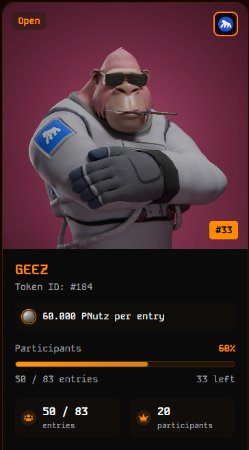 A mobile app screen displays a 3D character named 'GEEZ' (Token ID: #184), wearing sunglasses and a grey suit with a blue logo, priced at '60.000 PNutz per entry' with '50 / 83 entries' filled.