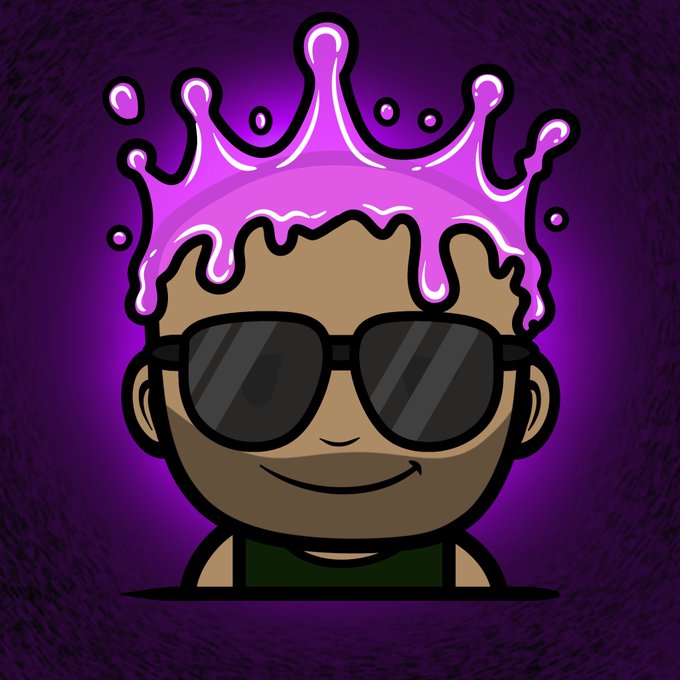 Digital illustration of a cartoon character with sunglasses and a pink liquid crown that drips down, set against a dark purple background.