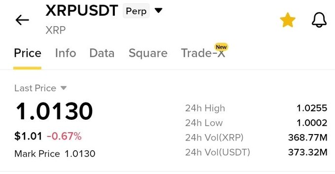 A Binance price screen for the XRPUSDT perpetual trading pair, showing a last price of $1.0130 (-0.67%), 24h high of 1.0255, 24h low of 1.0002, and 24h trading volumes of 368.77M XRP and 373.32M USDT.