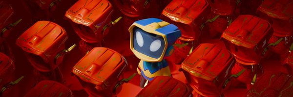 A blue and yellow robot mascot character standing among a vast field of identical red capsule-like containers or pods.