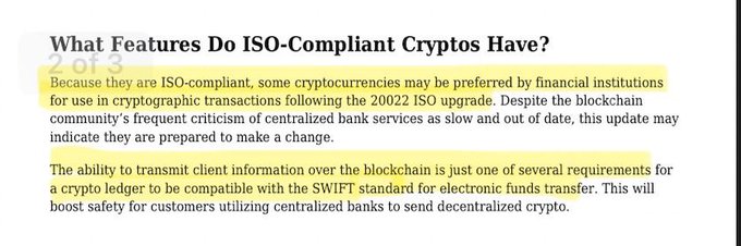 The image displays a highlighted section titled "What Features Do ISO-Compliant Cryptos Have?" (2 of 3), emphasizing text that explains how ISO-compliant cryptocurrencies may be preferred by financial institutions for cryptographic transactions following the 20022 ISO upgrade, and how transmitting client information over the blockchain helps crypto ledgers align with SWIFT standards for electronic funds transfer. This directly supports the post's point that ISO-compliant cryptocurrencies will be favored by financial institutions due to enhanced compatibility and safety.