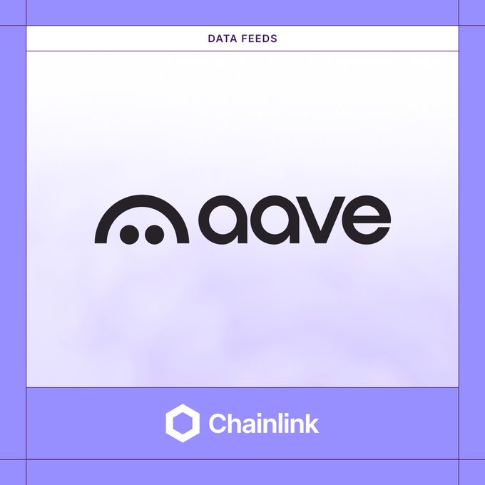 An image displaying the Aave logo with the text "DATA FEEDS" above and the "Chainlink" logo below it on a purple and white background.

The image supports the announcement by visually highlighting the Aave and Chainlink partnership, emphasizing Chainlink's role as the data feed provider for Coinbase's tokenized stocks on Aave V4.