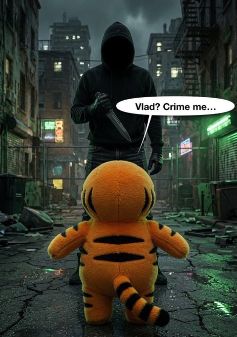 A dark, atmospheric image of a hooded figure holding a knife facing an orange tiger plushie, with a speech bubble reading "Vlad? Crime me..."