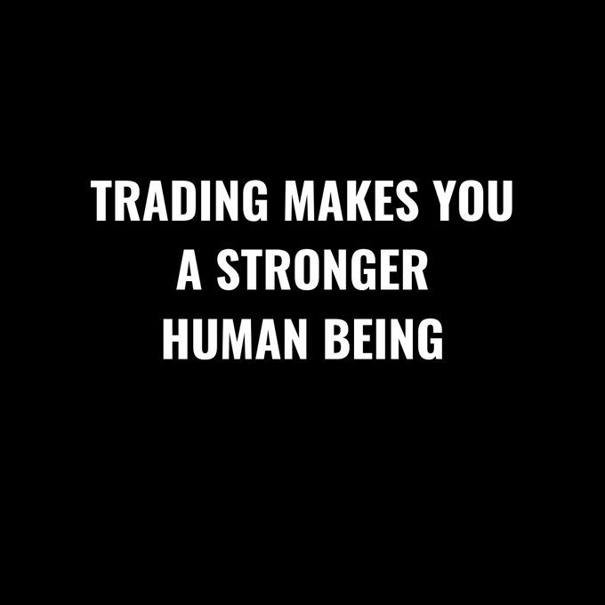 The image features a black background with white text that reads " Trading makes you a stronger human being". The text is written in all capital letters, making it stand out against the black background. The overall layout of the image suggests that it could be part of a larger collection or series related to trading and investing.