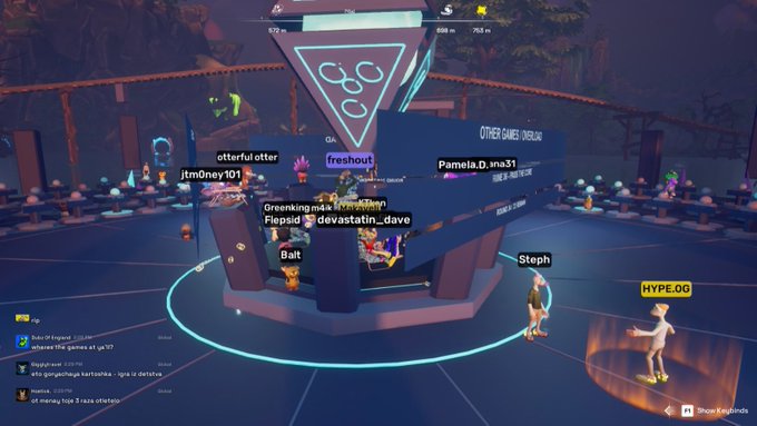 A screenshot of a virtual 3D hangout/social game with various user avatars gathered around a central platform labeled 'COO COO,' with visible usernames like 'otterful otter,' 'freshout,' and 'Pamela_D_ma31.'