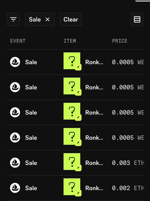 The image shows a list of NFT "Sale" transactions, all labeled "Ronk..." (likely a mystery box project), being sold for low prices—0.0005 WE (WETH) for four items and 0.003 ETH and 0.002 ETH for the others. This illustrates the post's complaint about early minters flooding the market with cheap resale listings, making it unprofitable for honest buyers to participate unless they resort to minting bots or sit the project out entirely.
