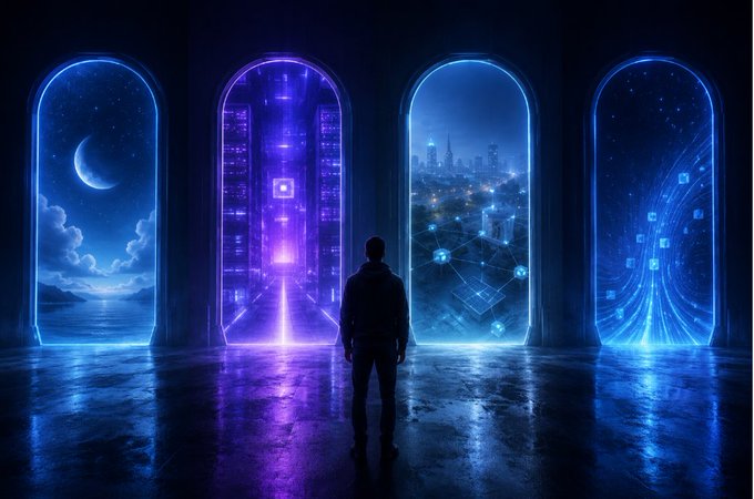 The image features a man standing in front of four large, blue-lit archways that are connected by a series of glowing lines. The man appears to be looking through one of these archways, which is located at the center of the scene. The other three archways are positioned on either side of him, creating an interesting visual effect as they cast their own streams of light onto his face and body. The overall atmosphere of the image suggests a futuristic or speculative setting, possibly related to the world of cryptocurrency or blockchain technology.