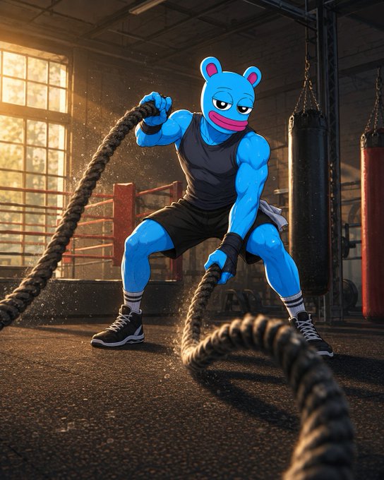 A 3D-rendered cartoon character with a muscular blue body, bear-like face, and pink mouth is intensely pulling battle ropes in a gritty, sunlit boxing gym with a punching bag in the background.