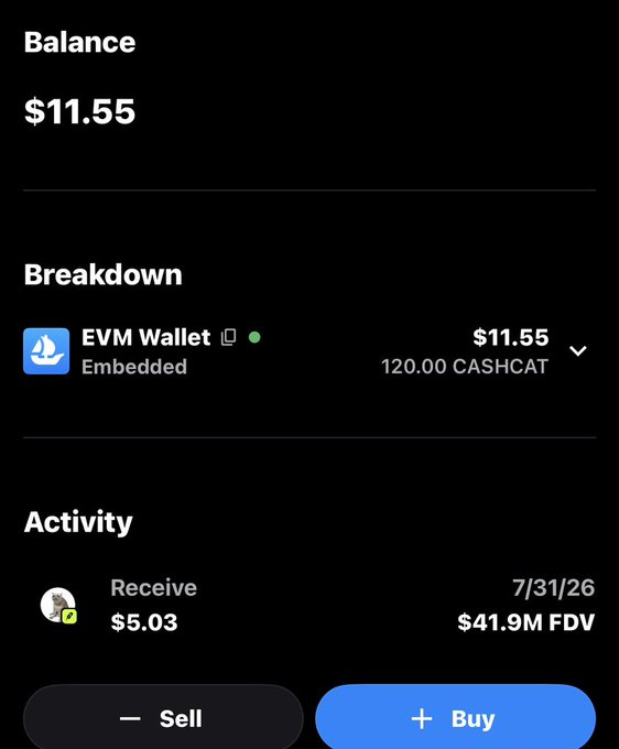 A mobile wallet app screen displaying a balance of $11.55, broken down as 120.00 CASHCAT in an EVM Wallet, with activity showing a $5.03 receive transaction and Sell/Buy buttons.