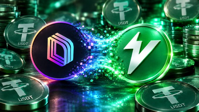 A digital illustration of a conversion between USDT and another cryptocurrency token, with stacks of 'USDT' coins in the background.