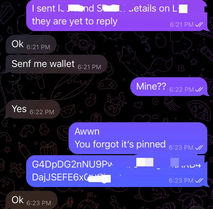 A WhatsApp chat exchange where one person asks for a crypto wallet address, and the sender shares their wallet details (partially blurred) after noting it was pinned.