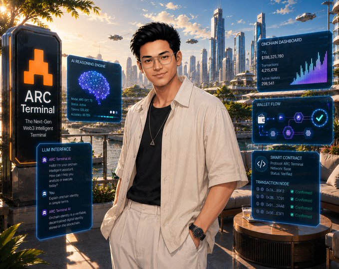A young man wearing glasses and a beige shirt stands before a futuristic cityscape, flanked by holographic displays featuring "ARC Terminal" branding, an "AI Reasoning Engine," an "Onchain Dashboard" showing $198,325,780 TVL and 4,215,678 transactions, a "Wallet Flow" interface, and a "Smart Contract" transaction node—visually reinforcing the post's message about post-entry portfolio management and thesis monitoring as core challenges in crypto, which ARC Terminal's tools appear designed to address.
