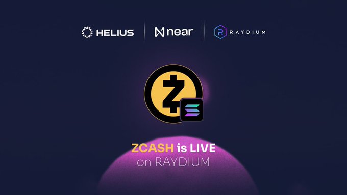 The image features logos of Helius, Near, and Raydium alongside a prominent Zcash (ZEC) symbol, with bold text announcing "Zcash is LIVE on RAYDIUM" against a dark purple background. This relates to the post about "Zolana szn" by visually confirming the much-anticipated launch of Zcash on the Raydium decentralized exchange, marking the realization of months of preparation work referenced in the caption.