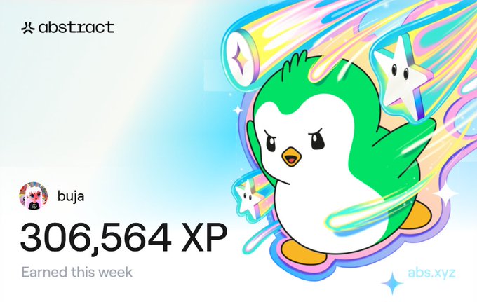 The image features an abstract poster with a cartoon penguin character holding a star and surrounded by colorful stars. The poster also includes text that reads "Week 69 Abstract XP ㆍCave ㆍMOG ㆍWai" which is likely a reference to the number of points earned during this week's challenge or game.