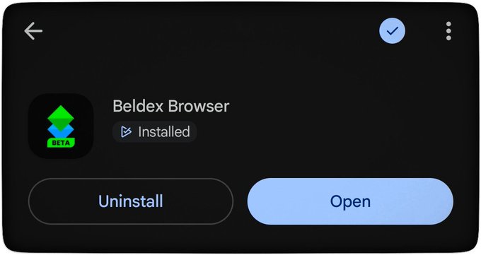 An Android app info screen showing 'Beldex Browser' marked as 'Installed' with options to 'Uninstall' or 'Open', featuring a green tree icon labeled 'BETA'.
