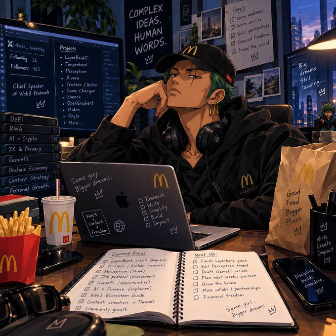 An anime-style digital illustration depicting a green-haired character wearing a McDonald's cap, sitting at a desk with McDonald's products, a laptop, and a notebook listing web3 projects like LayerBankFi, Perceptron, and Tristero.