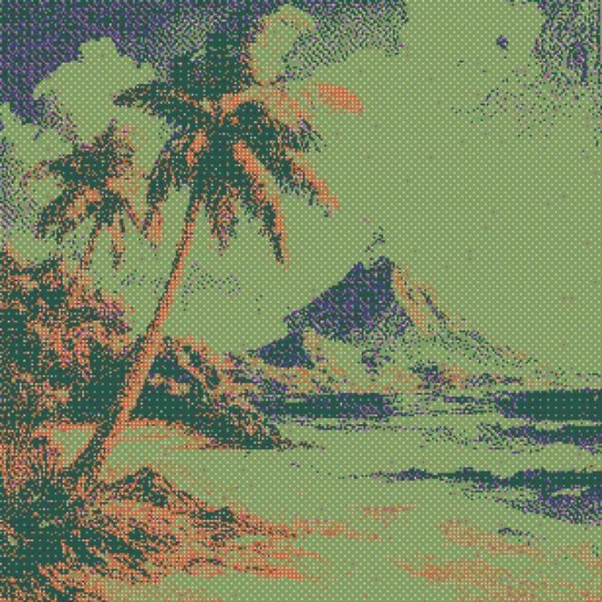 A stylized, halftone-filtered image of a tropical beach scene featuring palm trees and a mountain or volcano in the background, rendered in green, orange, and dark blue tones.