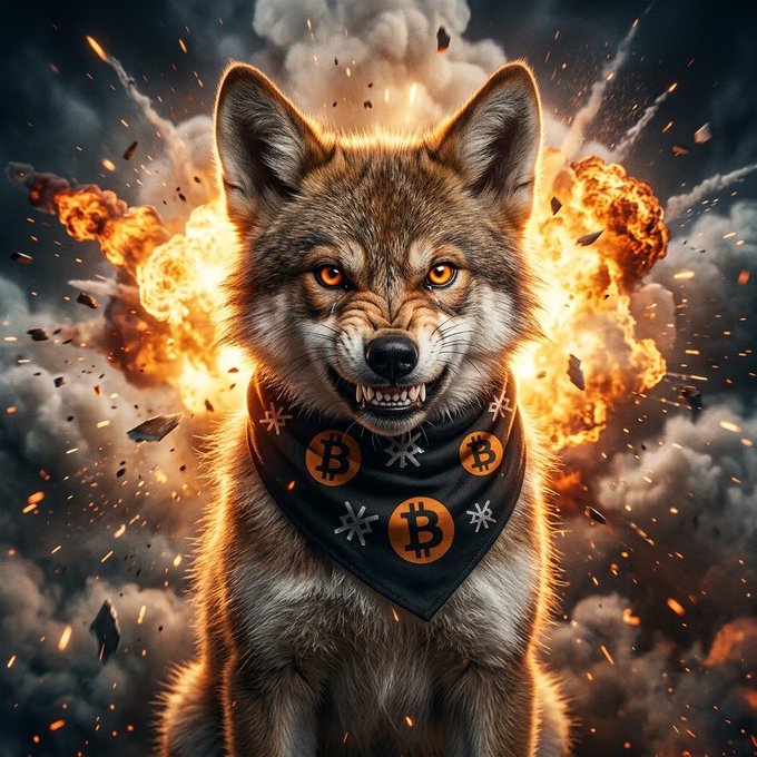 A dramatic digital artwork of a snarling wolf wearing a bandana with Bitcoin (₿) symbols, set against a backdrop of explosions and smoke.