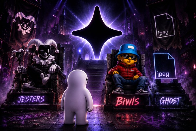 A small white ghost-like figure stands before a glowing portal flanked by a jester character labeled "JESTERS" and a figure in a blue bucket hat labeled "BIWLS," with "GHOST" and "jpeg" icons on the right, illustrating the post's announcement of making it into the Jesters and Biwls NFT collections.