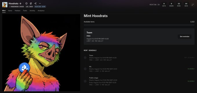 The image shows a website preview for the "Mint Hoodrats" NFT collection, featuring a colorful cartoon character holding a coin on the left, with details indicating a free mint with a 2,222 supply available, scheduled to begin on August 8 at 9:30 PM GMT+0:30, with phases for Team, WL, and Public mints. This aligns with the post announcing the launch of the Hoodrat NFT collection on OpenSea, highlighting the free mint and 2,222 supply while acknowledging recent drama but expressing optimism about its performance.