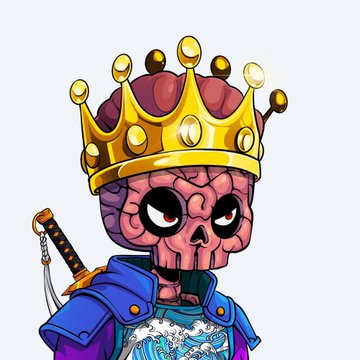 A cartoon skull character wearing a golden crown and blue armor, with a katana sword on its back.