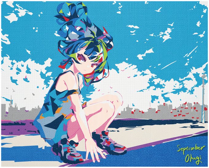 A vibrant anime-style digital illustration signed 'September Ohagi' showing a colorful character with multicolored hair crouching against a stylized blue sky with clouds and a cityscape silhouette in the background.