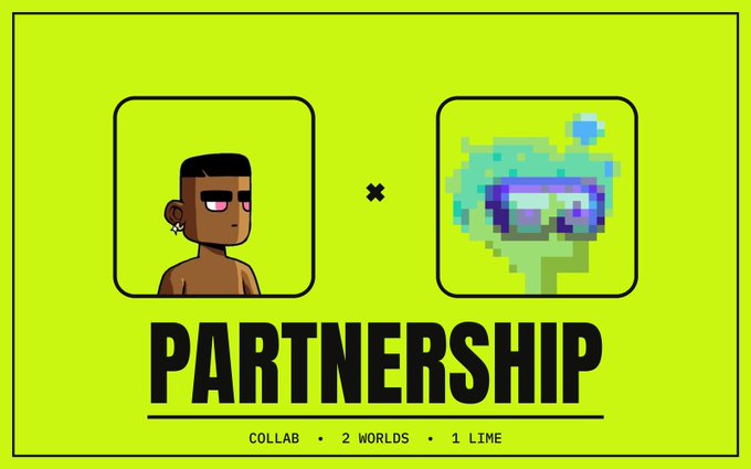 A graphic announcing a 'PARTNERSHIP' between '2 WORLDS' featuring a cartoon character with pink eyes and a pixelated lime character on a bright green background with the tagline 'COLLAB · 2 WORLDS · 1 LIME'.