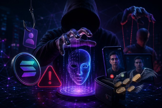 A hooded figure manipulates digital strings connected to a glowing AI wireframe face and a smartphone displaying a video call, surrounded by phishing symbols including a hook with a user profile, a warning sign, a Solana logo, and gold coins spilling from a wallet, illustrating how AI-powered deepfake scams are making crypto fraud increasingly sophisticated.