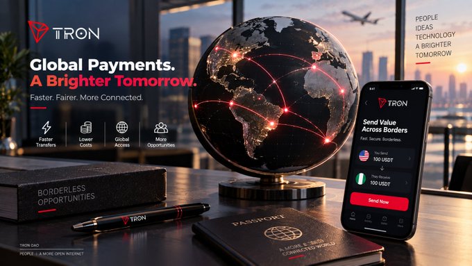 An advertisement for TRON featuring 'Global Payments. A Brighter Tomorrow.' with a globe, a smartphone displaying 'Send Value Across Borders,' and text including 'Faster Transfers,' 'Lower Costs,' and 'Borderless Opportunities.'