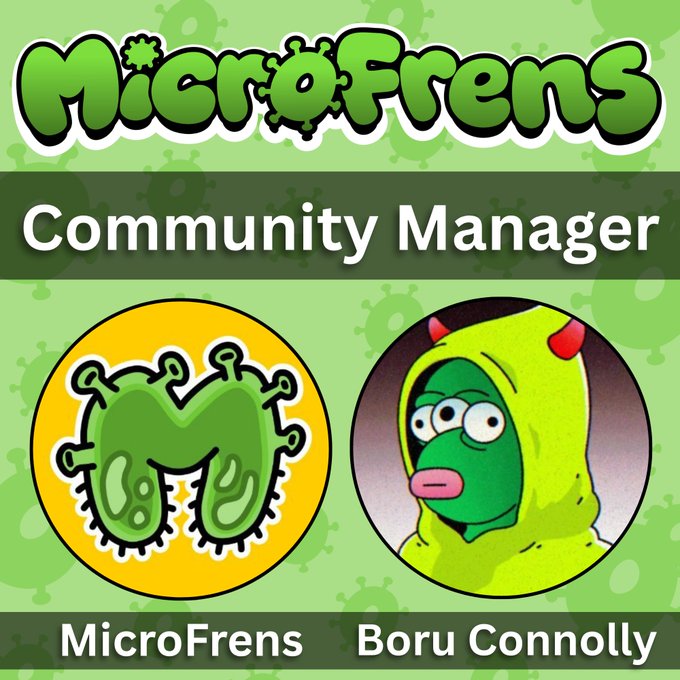 A promotional graphic for MicroFrens features their logo on the left alongside a cartoon character avatar of the new Community Manager, Boru Connolly, wearing a green dinosaur hood with red horns on the right, set against a green background with "Community Manager" displayed prominently in a banner.