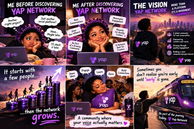 A 6-panel promotional comic for 'YAP NETWORK' showing a young woman's transformation from social media fatigue to discovering the platform, with text highlighting features like 'Real Conversations,' 'Meaningful Engagement,' and 'Rewards for Quality Content.'