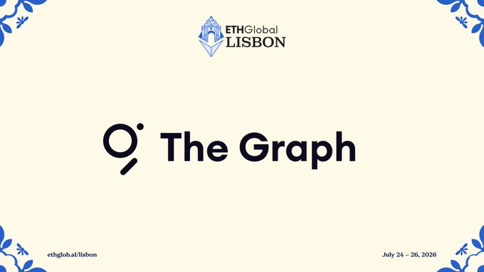 The image is a slide from ETHGlobal Lisbon (July 24-26, 2026) featuring The Graph's logo and name, promoting their booth at the Pragma Lisbon event on Saturday, July 25. The slide serves as a promotional visual directing attendees to find The Graph's booth at the hackathon.