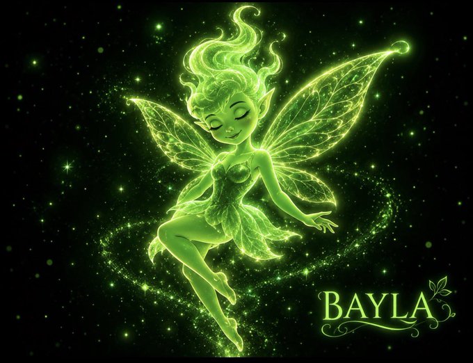 A glowing green fairy with translucent wings floating in a starry space, labeled 'BAYLA' in the bottom right corner.