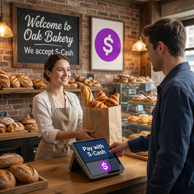 An AI-generated image of a bakery scene where a female worker hands a paper bag of bread to a male customer, with a 'Pay with S-Cash' terminal on the counter and a 'Welcome to Oak Bakery' chalkboard sign.