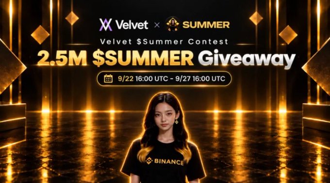 Promotional graphic for a 'Velvet x SUMMER' 'Velvet $Summer Contest' featuring a '2.5M $SUMMER Giveaway' from 9/22 16:00 UTC to 9/27 16:00 UTC, showing a woman in a black 'BINANCE' t-shirt against a gold-lit background.