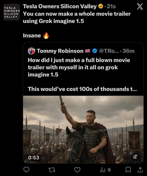 The image shows a Twitter post that features an account with the name "Tommy Robinson" and a post discussing Tesla's plans for creating a movie trailer using Grok Imagine. The tweet says, "These Elons are trying to crime $Dogeus on $Eth so hard With them it's literally a matter of time, we've already seen it on #Kekius ...". 
In the image, there is a man in military gear standing atop a horse. This person appears to be the main subject of the post and is likely related to the Tesla plans for movie trailers. The overall image conveys a humorous take on the situation with the Elons attempting to create an effective trailer using Grok Imagine.