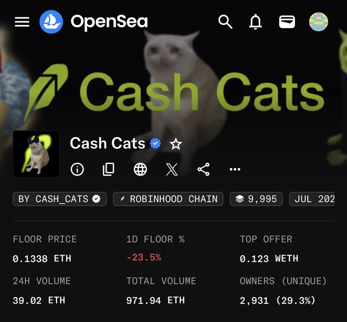 The image shows an OpenSea listing for the "Cash Cats" NFT collection on Robinhood Chain, featuring a cat with a leaf as its logo. Key stats visible include a floor price of 0.1338 ETH (-23.5% in 24h), top offer of 0.123 WETH, 9,995 items, and 2,931 unique owners (29.3%), aligning with the post's suggestion to monitor $CASHCAT as a potential buy tied to the Robinhood mascot theme.