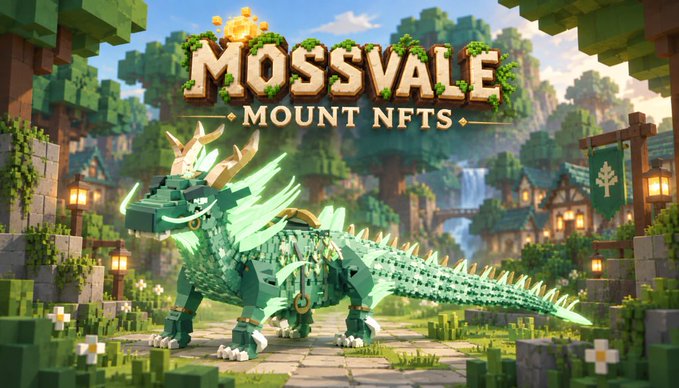 Promotional artwork for 'MOSSVALE MOUNT NFTS' depicting a voxel-style green dragon in a lush, blocky fantasy village setting.