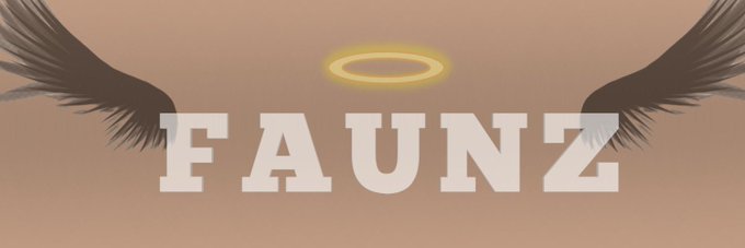 The image displays a stylized logo featuring the text "FAUNZ" in bold white letters, flanked by dark angel wings and topped with a glowing golden halo against a warm gradient background. This branding aligns with the post introducing the @FaunzNFT project, which features 1111 unique mythological creatures on the Robinhood chain as a free mint.