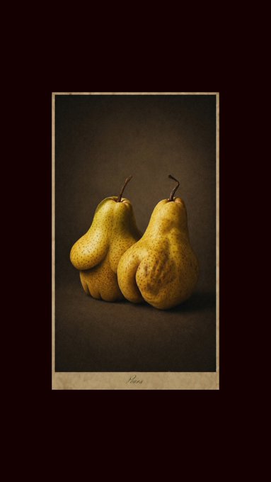 A vintage-style still life photograph showing two yellow pears on a dark background, framed with a beige border and the word 'Pears' written below.