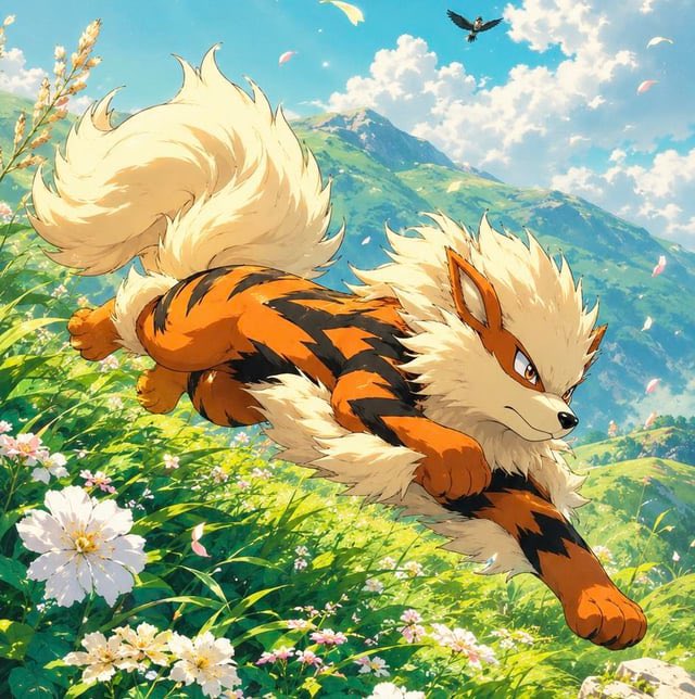 An anime-style illustration of an Arcanine, a large tiger-striped canine Pokémon, running through a grassy field of flowers with a mountain and a flying bird in the background.